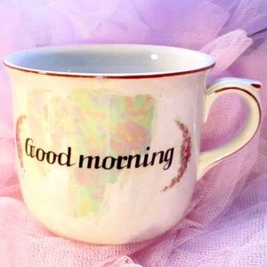 antique "Good Morning" mug, JSK, Czechoslovakia ... pearlescent white